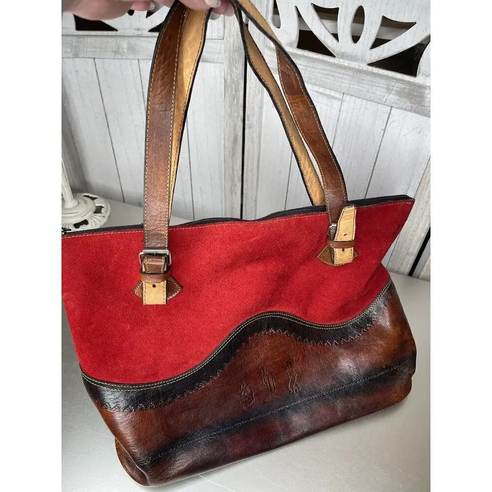 Vintage Red Suede and Brown Leather Trim Tote Bag Southwest Western